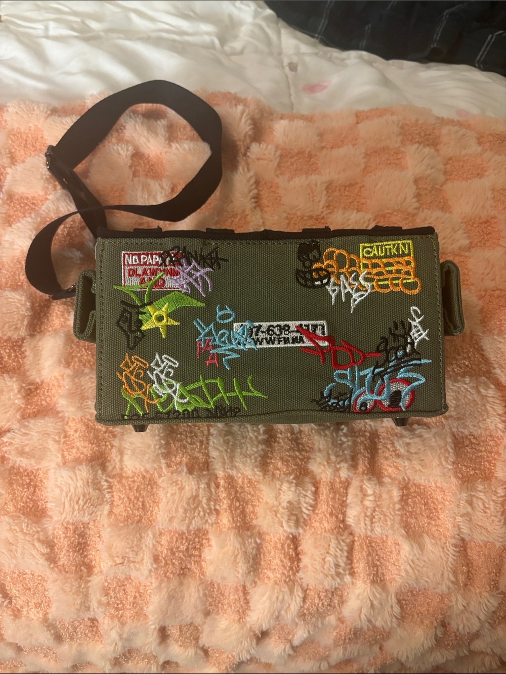 Black Quilted Rectangular Crossbody Bag with Colorful Embroidery